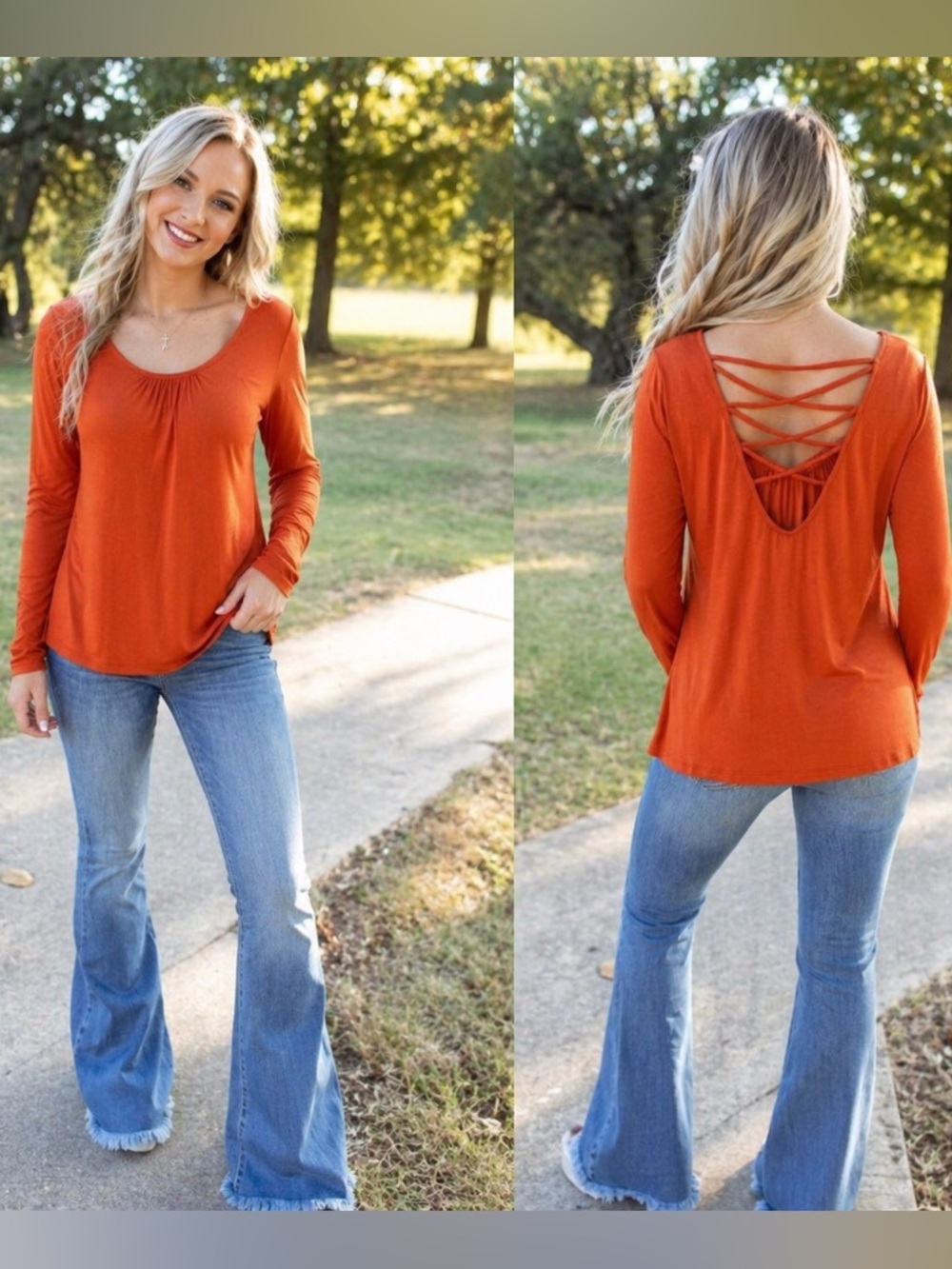 NWT Emerald Burnt Orange Boho Criss Cross Back Long Sleeve Top size small